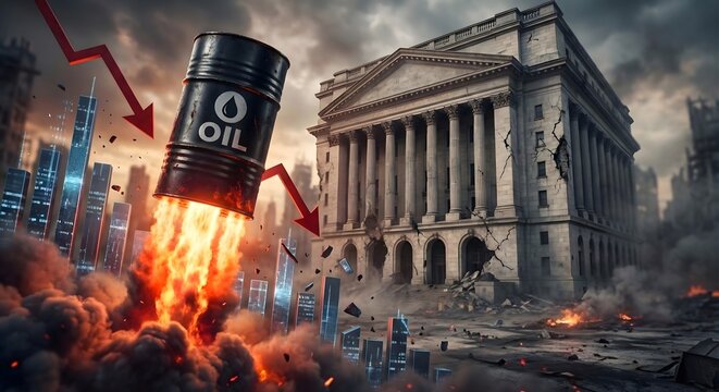 Oil barrel rocket falling with an arrow graph indicating price decrease over a destroyed city with a government building, representing economic collapse