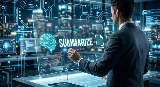 Professional analyst working with advanced natural language processing interface showing summarize command and digital brain in high tech office environment for automated content generation system
