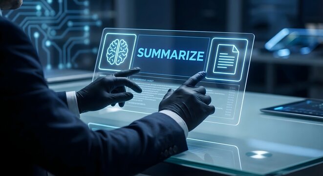 Hands in black gloves interacting with glass touchscreen displaying summarize function for confidential data analysis using artificial intelligence and neural network technology in secure room