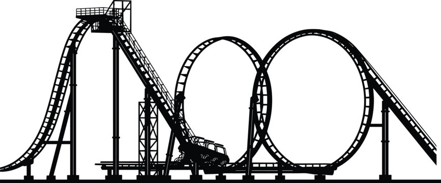 Roller Coaster Silhouette with Loops and Tracks, Amusement Park Thrill Ride Vector Illustration Isolated on White Background for Entertainment, Theme Park and Funfair Design