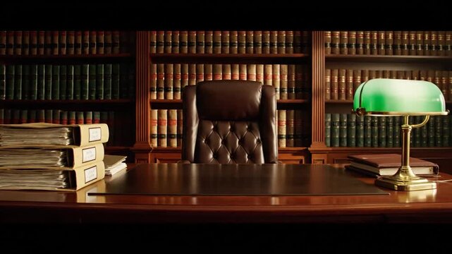 Elegant traditional law office library with a leather armchair, old books, and a classic green banker's lamp.