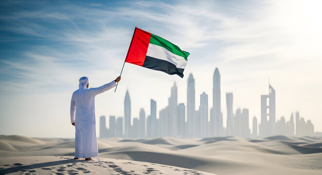 United arab emirates flag waving in desert with city skyline