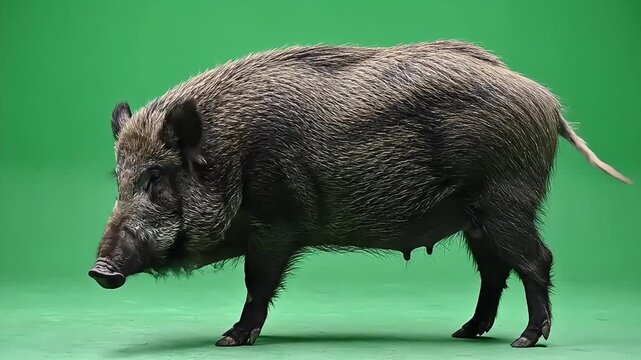Wild Boar Standing on Green Screen, Side View, Close-Up, Studio Shot, Animal, Wildlife.