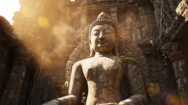 Ancient stone Buddha statue at a weathered temple ruin bathed in warm sunlight, evoking peace and spiritual tranquility.
