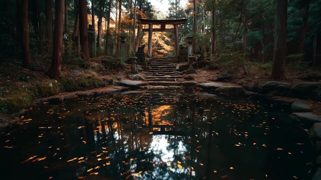 森の池に映る鳥居と紅葉に包まれた静かな秋景色