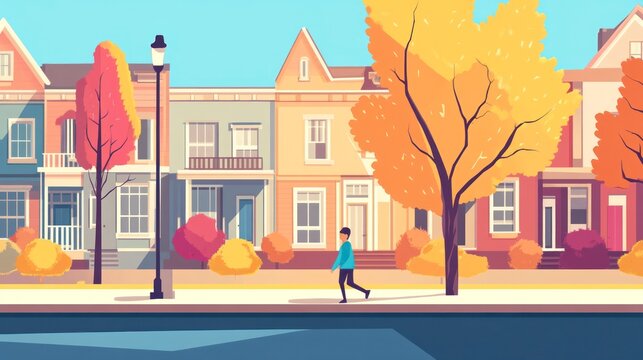 Autumn scene of a person walking in a neighborhood with colorful houses