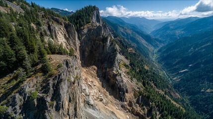 Rockfall aerial, textured debris on mountainside, sunlight creating shadows, emphasizing geological textures, natural patterns, and rugged alpine landscape.