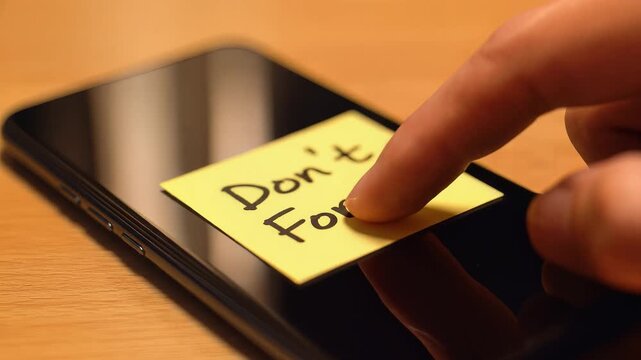 Smartphone with yellow sticky note, Don't Forget message on screen, hand interaction, reminder concept, symbolizing organization and memory aid