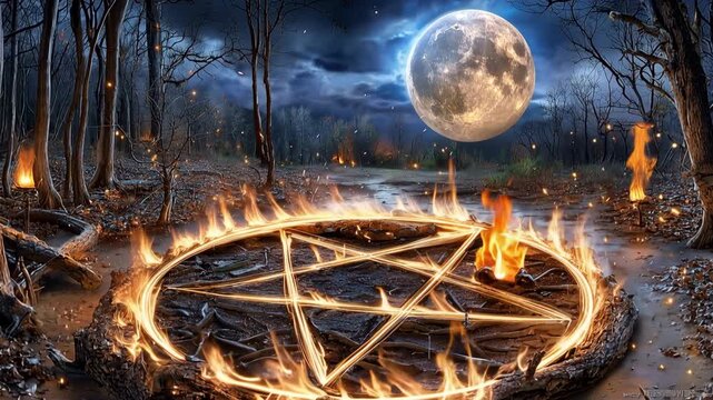 Mysterious pentagram surrounded by fire in a dark forest at night under a full moon