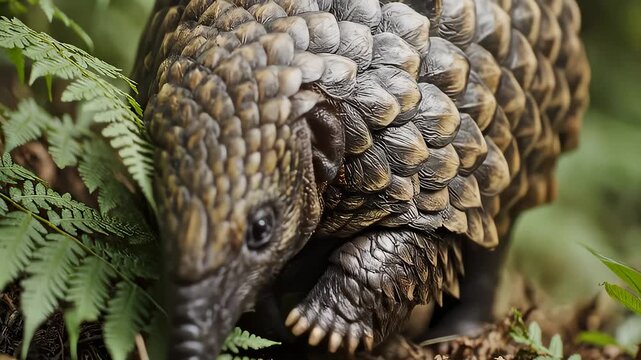 Close Up Of Pangolin Walking Through Lush Forest Ferns