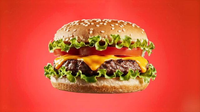 A professional 3D render of a gourmet beef burger with melted cheddar cheese, fresh lettuce, and sesame seed bun. Set against a vibrant red background, perfect for fast food advertising and restaurant