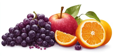 Obraz premium Fresh fruit arrangement with apple grapes and orange slices against white backdrop