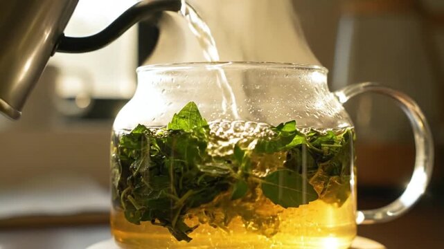 Brewing Fresh Tulasi Holy Basil Herbal Tea in a Glass Teapot