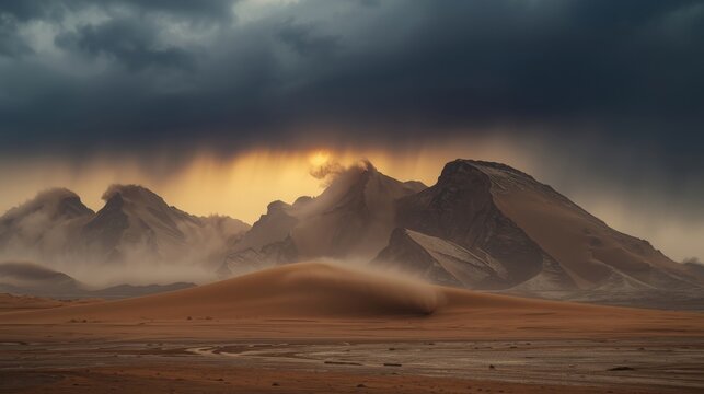 Majestic mountain range under a stormy sky with sand dunes in the foreground creating a dramatic natural landscape scene outdoors