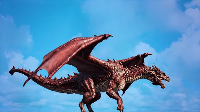 A powerful red dragon with detailed scales and sharp horns flies against a clear blue sky. This realistic 3D character animation is ideal for epic fantasy projects, game trailers, and mystical backgro