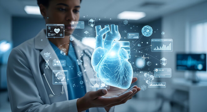 World health day doctor examining digital heart model in modern medical setting for global health awareness and prevention