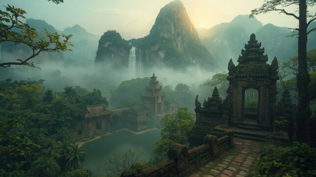Ancient temple complex nestled in a lush green valley surrounded by majestic mountains and waterfalls at sunrise