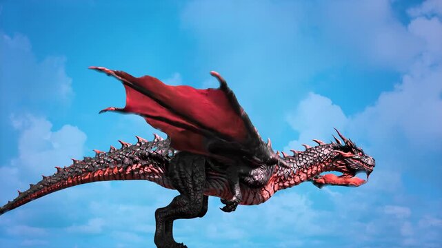 A powerful red dragon with detailed scales and sharp horns flies against a clear blue sky. This realistic 3D character animation is ideal for epic fantasy projects, game trailers, and mystical backgro