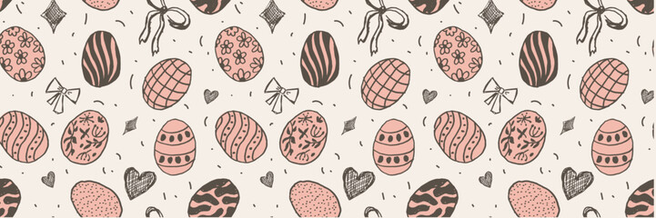 Hand drawn seamless pattern with easter eggs, hearts and bows. Background for banner with Happy Easter greetings. Perfect for card, wrapping, and craft paper. © Natali
