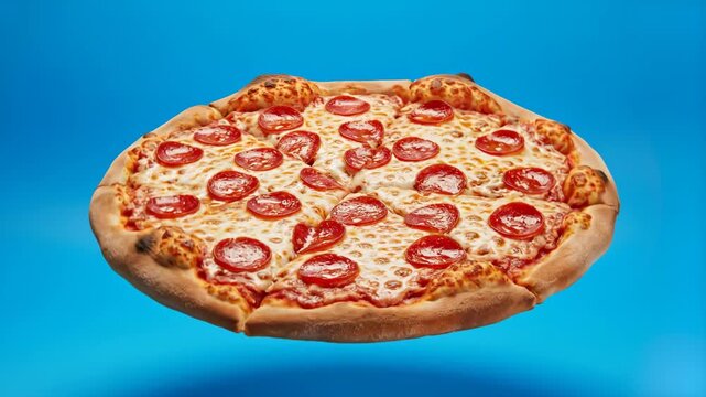 A whole Italian pepperoni pizza with melted cheese and spicy salami turns slowly while levitating in mid-air. This high-quality 3D food visualization is perfect for pizzerias, delivery services, and c