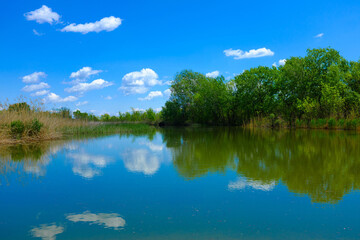 Fototapeta premium The beautiful Tisza lake with a nice reflection of clouds on the water 