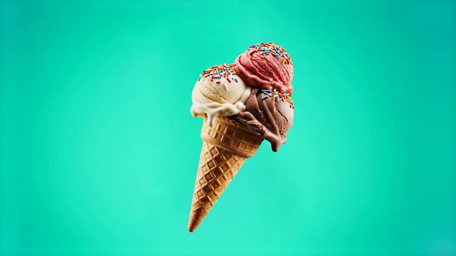 An assortment of three ice cream scoops&mdash;vanilla, chocolate, and strawberry&mdash;piled into a waffle cone with sprinkles. The scene is set against a solid teal backdrop, emphasizing the textures and colors 