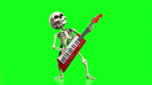 A hilarious 3D animation of a human skeleton rocking out on a red keytar synthesizer. Isolated on green screen (chroma key), perfect for Halloween music videos, medical humor, and spooky party visuals