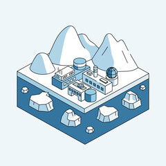 Isometric illustration of an arctic industrial complex with mountains, icebergs, and water. © agussssss