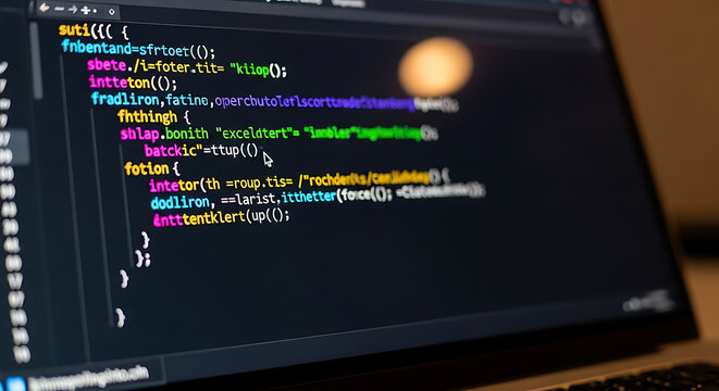 Close-up of a laptop screen displaying lines of code programming.