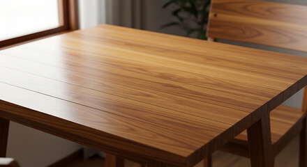 Fototapeta premium Wooden table with a polished surface and a matching chair in a well-lit room.