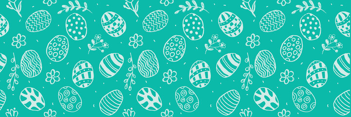 Seamless pattern with white hand drawn easter eggs and spring flowers on turquoise background. A template for a banner with spring holiday greetings. Perfect for wrapping, and spring. © Natali