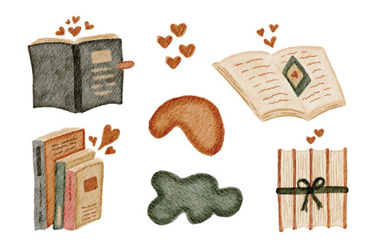 Cozy Watercolor Book and Coffee Elements Set