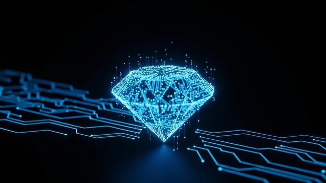 Glowing Digital Diamond Built From Circuit Board Elements Hovering In The Dark With Blue Lines Data Flow For Cybersecurity Financial Technology