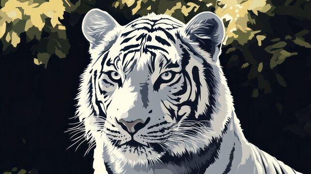 White tiger portrait with detailed fur and striking eyes against blurred background