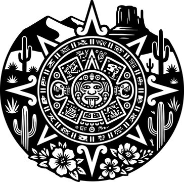 Boho Desert Landscape with Aztec Calendar Vector Illustration