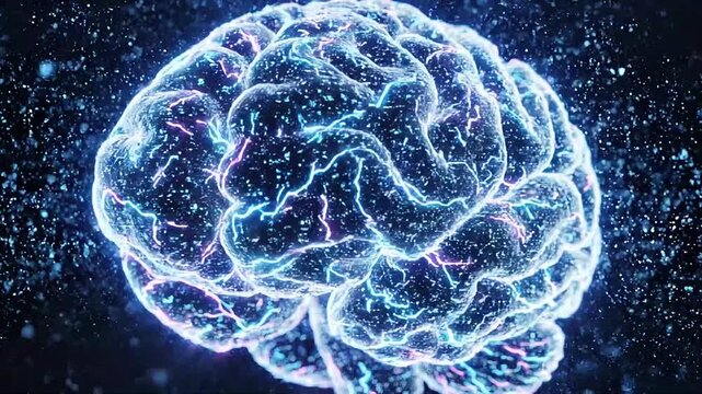 Abstract representation of a human brain with glowing blue neurons and electric sparks, symbolizing intelligence, neuroscience, and artificial intelligence concepts in a digital world