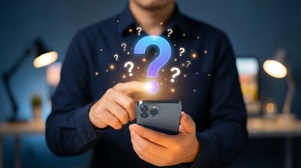 A person in a blue shirt interacts with a glowing holographic question mark, holding a smartphone in a dimly lit modern office environment.