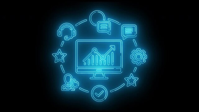 Neon-lit graphic design of business icons and a computer monitor displaying a bar graph on a black background with blue glowing lines.