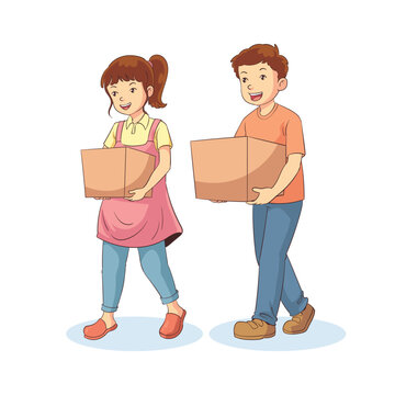 boys and girls carrying cardboard boxes