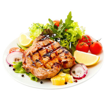 Grilled Pork Steak with Fresh Salad and Lemon Wedges file (285 isolated on a transparent background