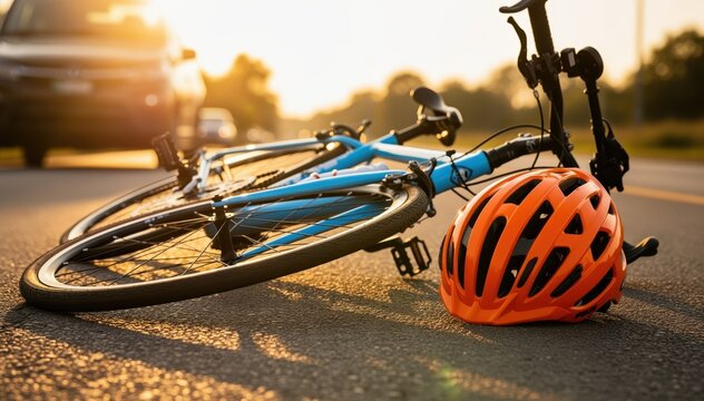 Accident Scene: A close-up shot of a bicycle and helmet lying on the road at the accident site. The image evokes a sense of shock and immediate danger.