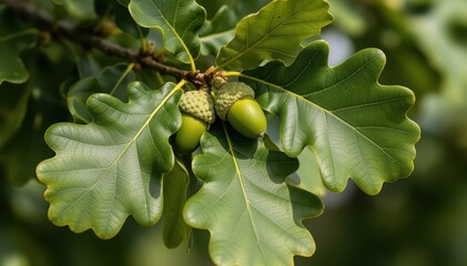 Fototapeta premium Oak Branch with Acorns: A close-up view of a vibrant oak branch, adorned with lush green leaves and nascent acorns, showcases the intricate beauty of nature. 