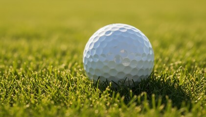Obraz premium Golf Ball on Green: A pristine golf ball rests peacefully amidst a sea of vibrant green grass, evoking a sense of tranquility and the anticipation of a perfect swing.