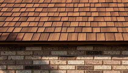 Obraz premium Brick Wall and Wooden Roof: A detailed view of a classic brick wall seamlessly merges with a wooden roof, showcasing natural textures and timeless craftsmanship. 