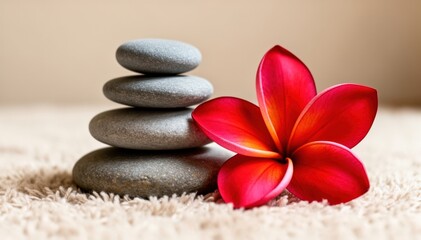 Fototapeta premium Serene Balance: A harmonious composition of smooth stones and a vibrant flower, evoking tranquility and balance. 