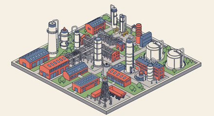 Isometric Industrial Complex with Factories and Storage Tanks.