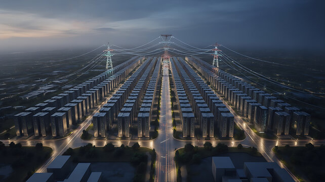 Futuristic artificial intelligence data center complex consuming massive electricity representing the growing global demand for computing infrastructure and machine learning technology