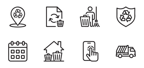 Fototapeta premium Set of eight outline recycling and waste management icons illustration, environmental protection concepts