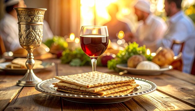 Close-up of Passover Seder Table with Matzah and Red Wine Glass, Jewish Family Celebrating in Blurred Warm Golden Background