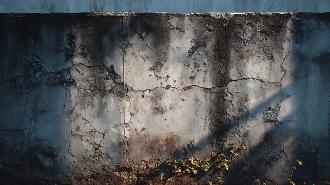 Weathered Cracked Concrete Wall with Shadow and Plants
